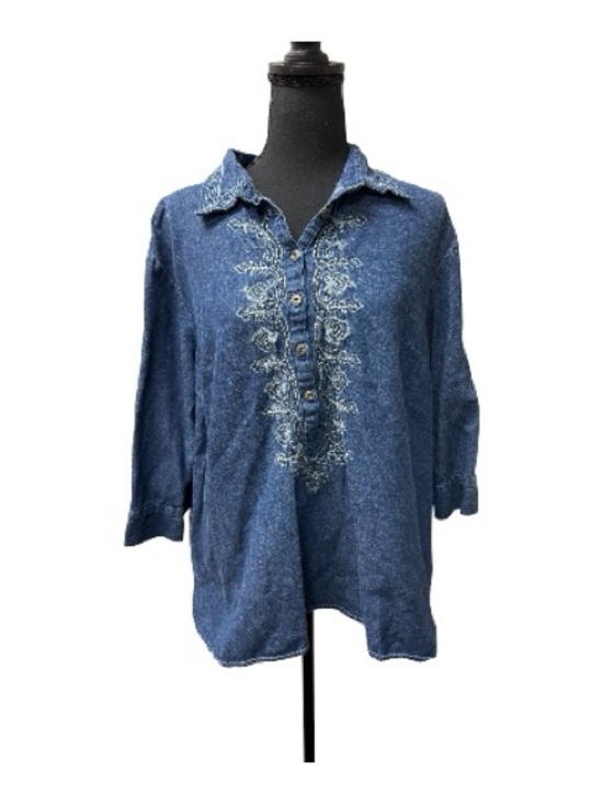 new directions Tops - New Direction Denim Embroidered Tunic 1X Boho Western Button Shirt Top
